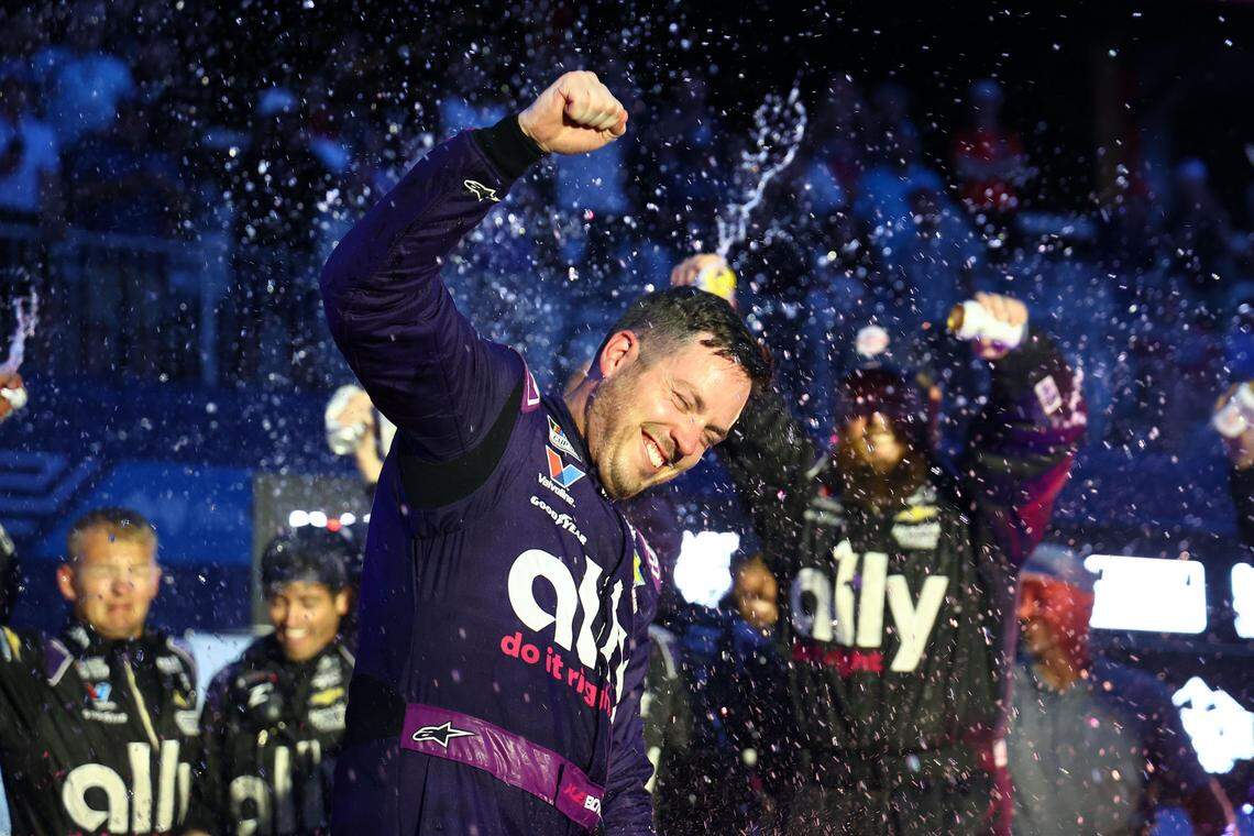 Jul 7, 2024; Chicago, Illinois, USA; NASCAR Cup Series driver Alex Bowman (48) reacts after winning the Grant Park 165 at Chicago Street Race.