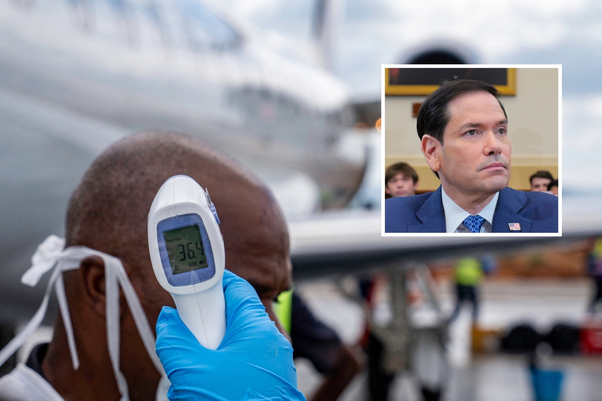  A passenger’s temperature is checked at Bunia Airport in the Democratic Republic of the Congo on June 3, 2026. Inset: U.S. Secretary of State Marco Rubio in Washington, D.C., on June 3, 2026. 
