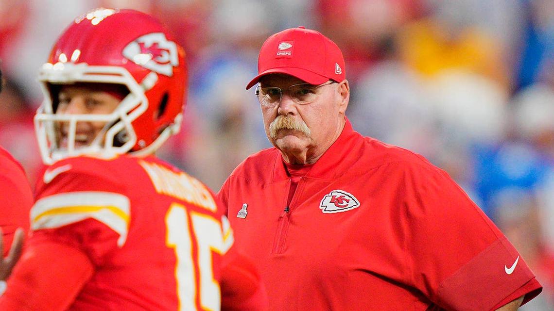  Kansas City Chiefs head coach Andy Reid and quarterback Patrick Mahomes before the game against the Detroit Lions. Jay Biggerstaff-Imagn Images