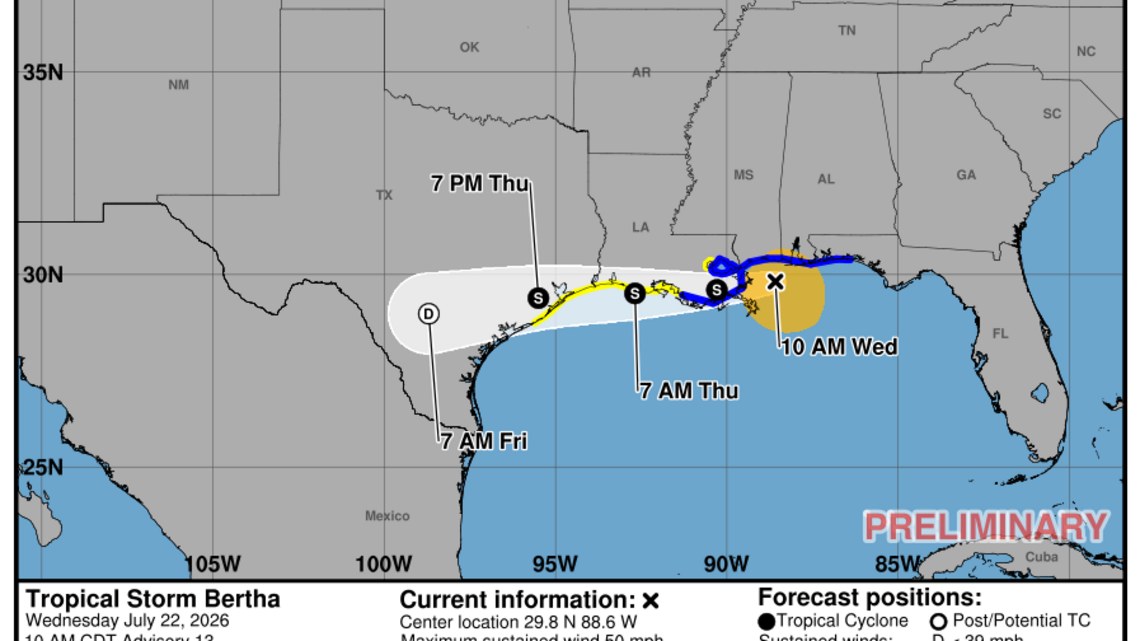 Wednesday, July 22 update: Latest on Tropical Storm Bertha from the NHC 