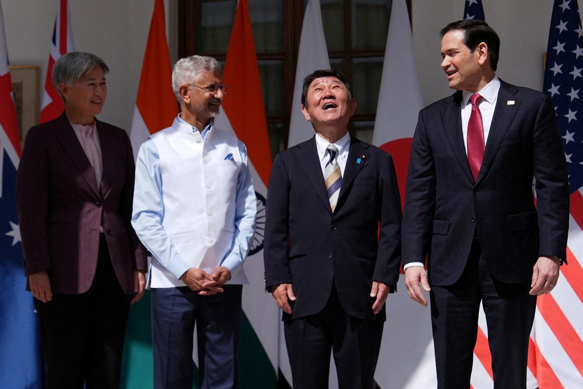 From left, Australian Foreign Minister Penny Wong, India’s Minister of External Affairs S. Jaishankar, Japanese Foreign Minister Toshimitsu Motegi and U.S. Secretary of State Marco Rubio pose on the day of a Quad ministerial meeting at Hyderabad House in New Delhi, India, Tuesday, May 26, 2026. Julia Demaree Nikhinson/Pool via REUTERS