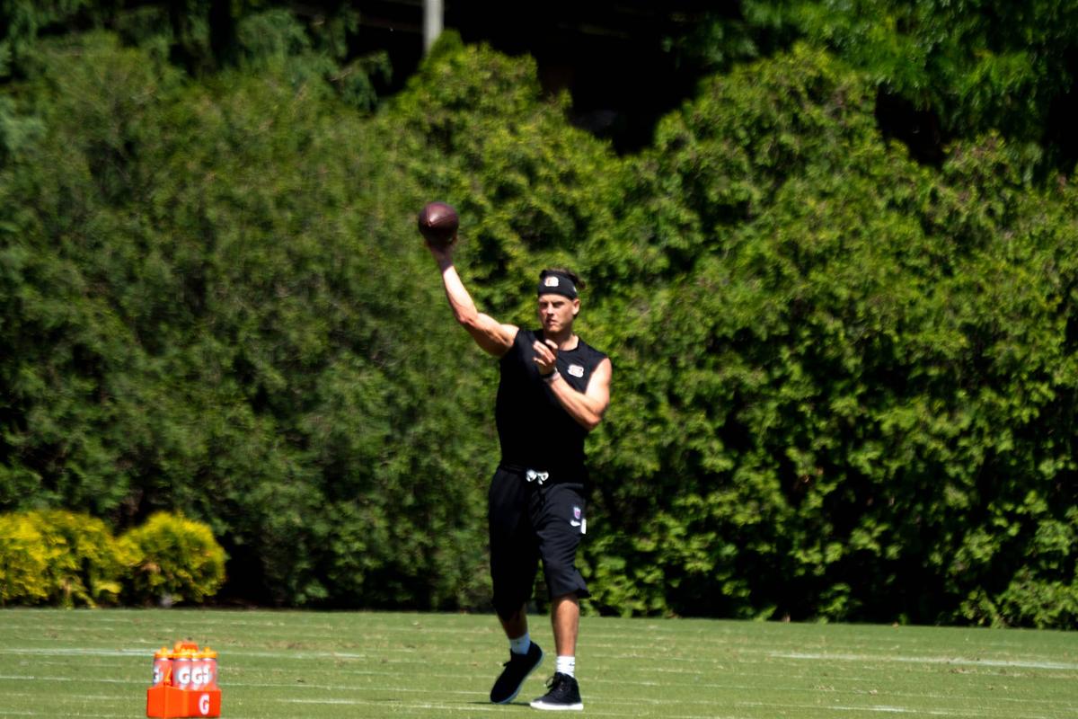  Cincinnati Bengals quarterback Joe Burrow throws a pass during a practice session at the Kettering Health Practice Fields. Albert Cesare/The Enquirer / USA TODAY NETWORK via Imagn Images