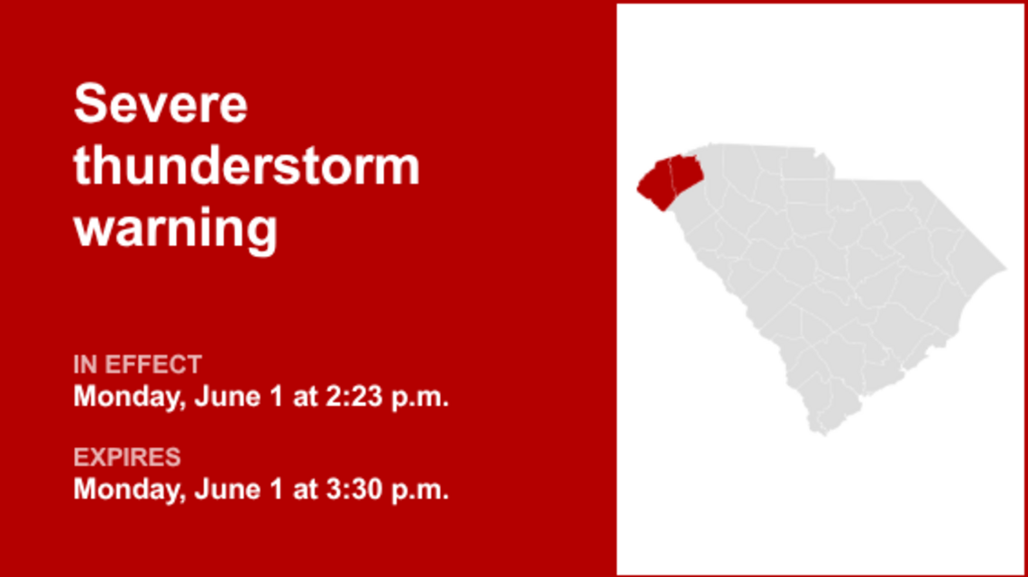 UPDATE: The current severe thunderstorm warning for Abbeville County will be expiring at 5:15 p.m. 