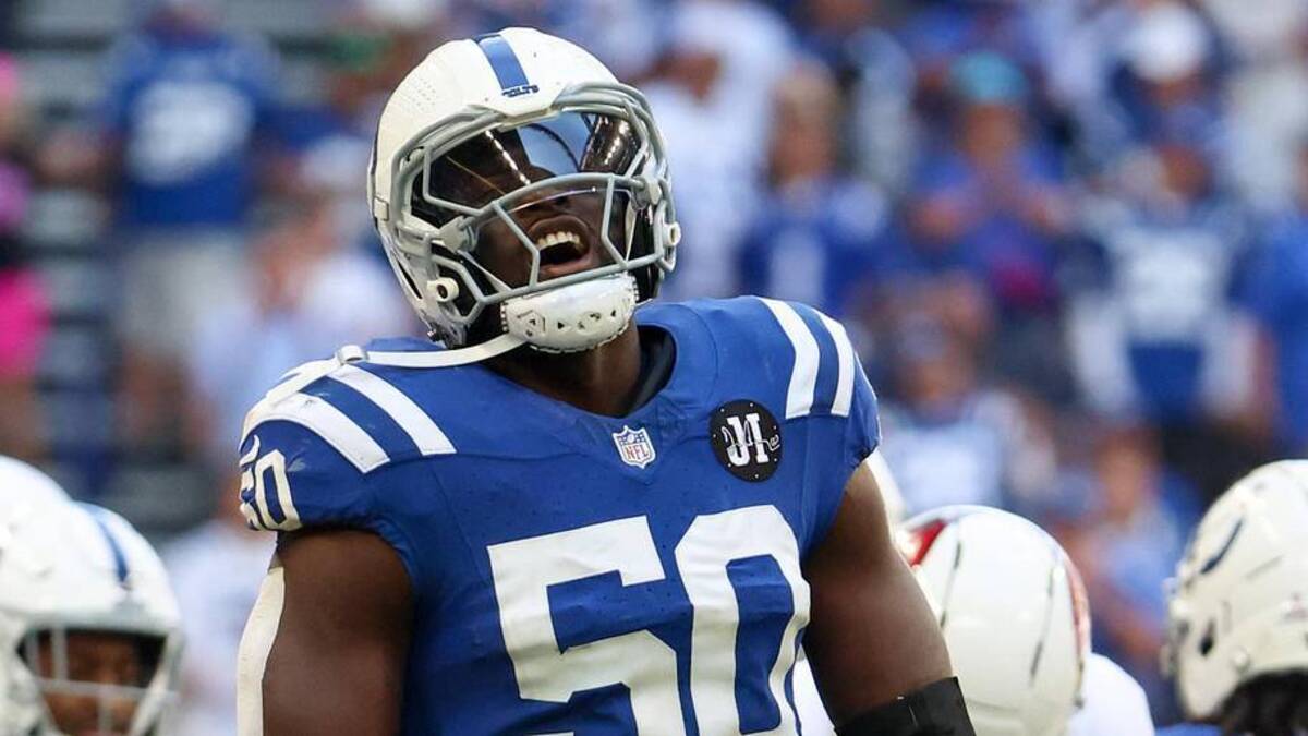  Oct 12, 2025; Indianapolis, Indiana, USA; Indianapolis Colts linebacker Segun Olubi (50) reacts after a play against the Arizona Cardinals during the fourth quarter of the game at Lucas Oil Stadium. Mandatory Credit: Trevor Ruszkowski-Imagn Images | Trevor Ruszkowski-Imagn Images 