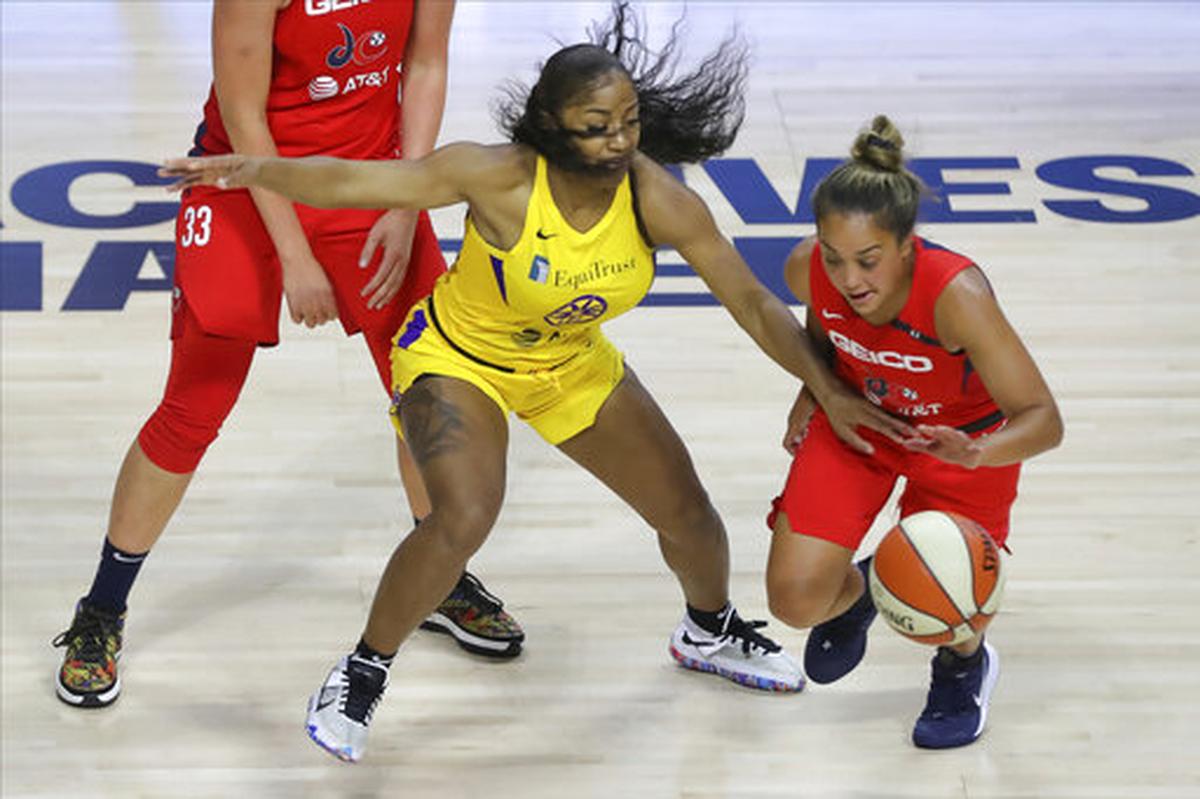 Washington Mystics’ Leilani Mitchell, right, dribbles past the defense of Los Angeles Sparks’ Te’a Cooper during the first half of a WNBA basketball game Thursday, Aug. 13, 2020, in Bradenton, Fla.