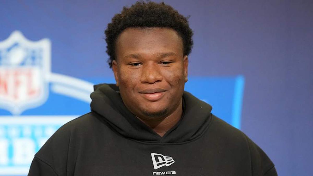  Feb 25, 2026; Indianapolis, IN, USA; NC State defensive lineman Brandon Cleveland (DL06) speaks during the NFL Scouting Combine at the Indiana Convention Center. Mandatory Credit: Kirby Lee-Imagn Images | Kirby Lee-Imagn Images 