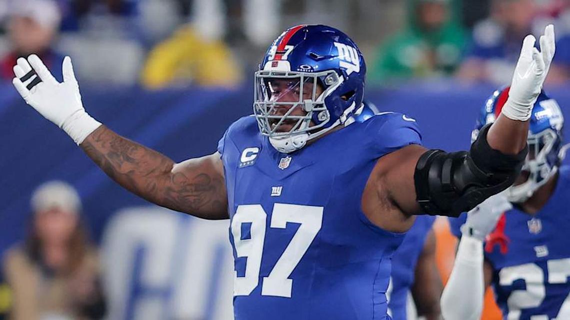  Oct 9, 2025; East Rutherford, New Jersey, USA; New York Giants defensive tackle Dexter Lawrence II (97) guestures during the first quarter of the game against the Philadelphia Eagles at MetLife Stadium. Mandatory Credit: Brad Penner-Imagn Images | Brad Penner-Imagn Images 