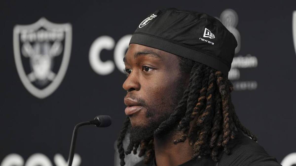  May 20, 2026; Henderson, NV, USA; Las Vegas Raiders running back Ashton Jeanty (2) speaks during a news conference during organized team activities at Intermountain Health Performance Center. Mandatory Credit: Candice Ward-Imagn Images | Candice Ward-Imagn Images 