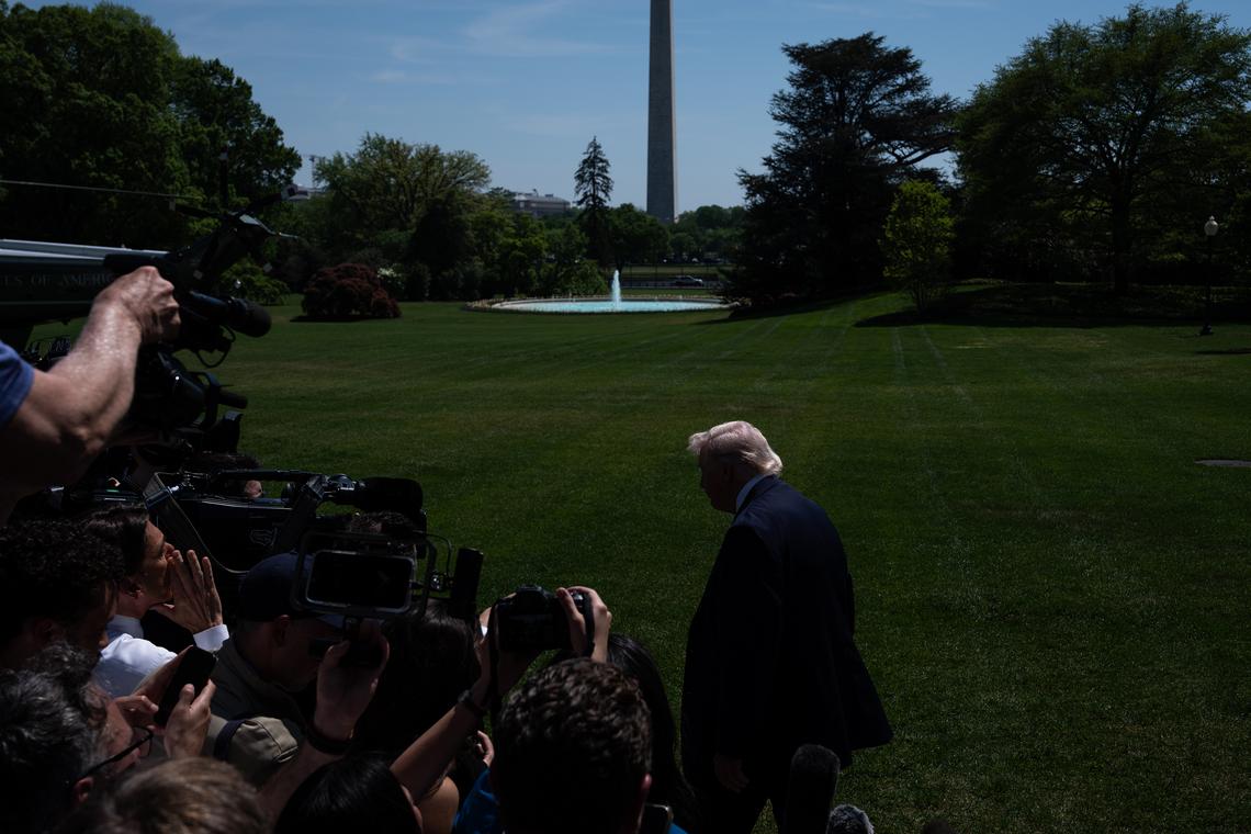 President Donald Trump walks away after speaking to reporters outside the White House while departing Washington, on Thursday, April 16, 2026, en route to Las Vegas. President Trump announced on Thursday that the leaders of Israel and Lebanon have agreed to a 10-day cease-fire, a development that could bring an end to fighting between Israel and the Iranian-backed militant group, Hezbollah. (Haiyun Jiang/The New York Times)