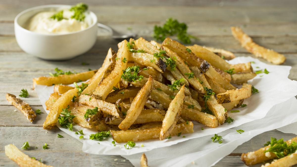 Homemade Parmesan Truffle French Fries with Parsley and Mayo