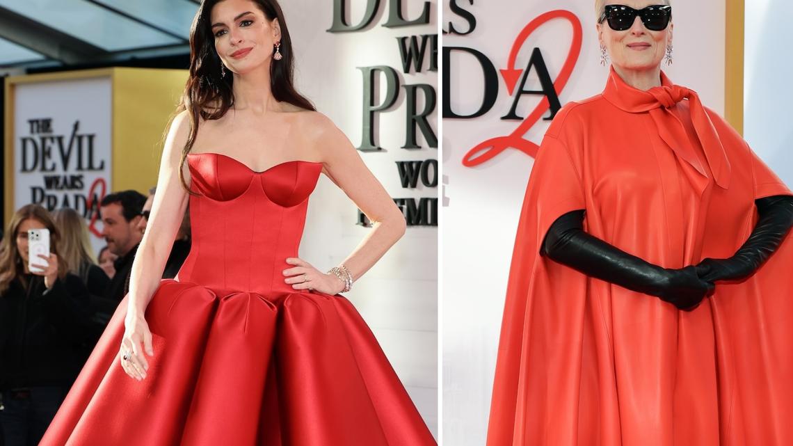 Anne Hathaway and Meryl Streep Twin in Red at ‘Devil Wears Prada' Premiere 