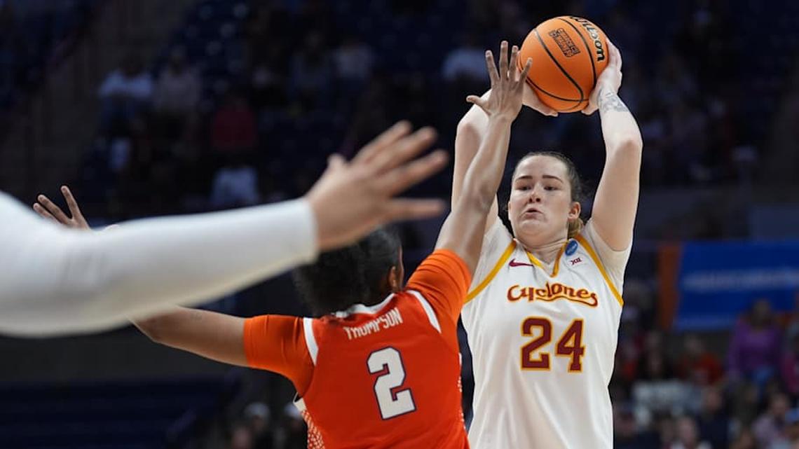  Mar 21, 2026; Storrs, CT, USA; Iowa State Cyclones forward Addy Brown (24) looks to pass the ball against Syracuse Orange forward Journey Thompson (2) in the first half at Harry A. Gampel Pavilion. Mandatory Credit: David Butler II-Imagn Images | David Butler II-Imagn Images 