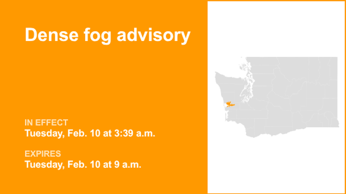 Dense fog advisory in place for Lower Chehalis River Valley until Tuesday morning 