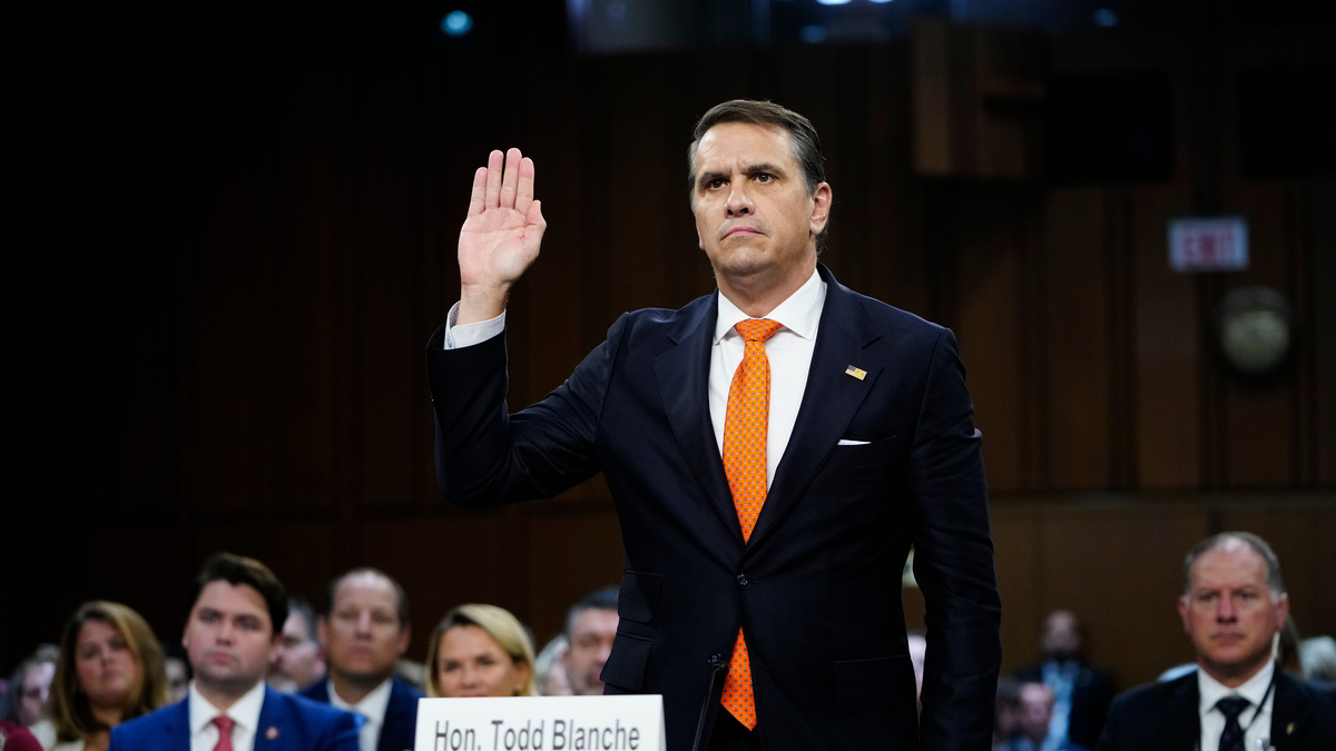 Todd Blanche, nominee for US Attorney General, is sworn in at the start of his Senate Judiciary Committee confirmation hearing in Washington, DC, on July 15, 2026.
