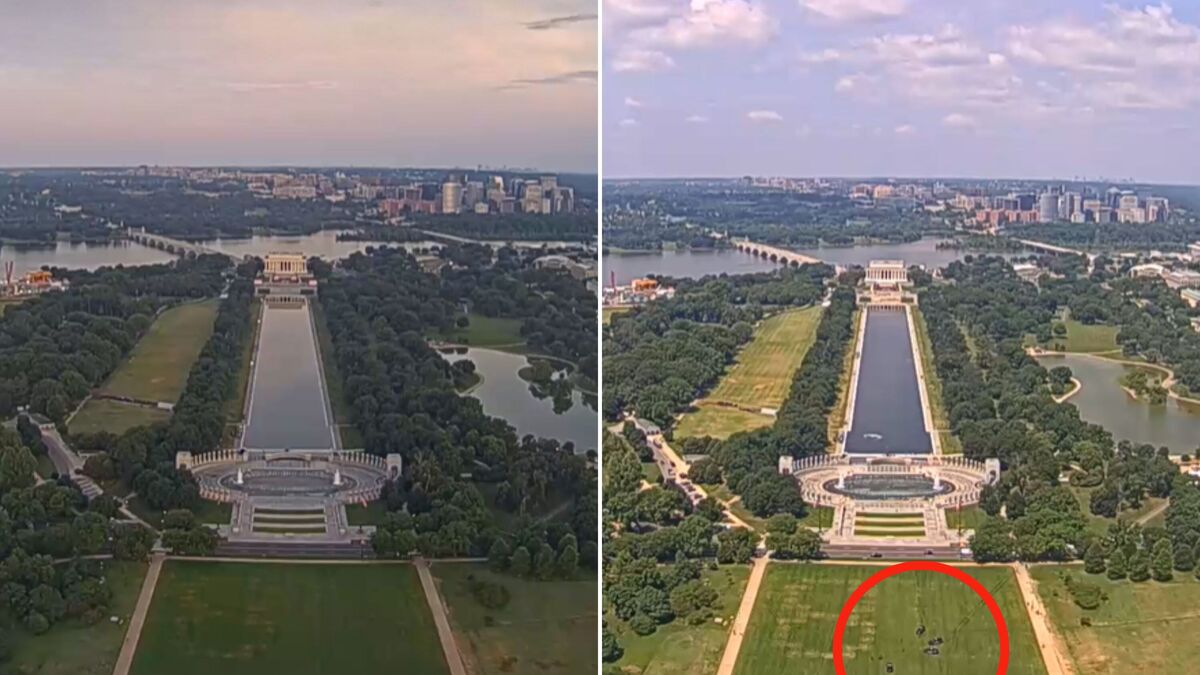 National Mall. Pictures from around 6am on Thursday 11 June, left, and around 11:33 a.m. when police arrived, right.