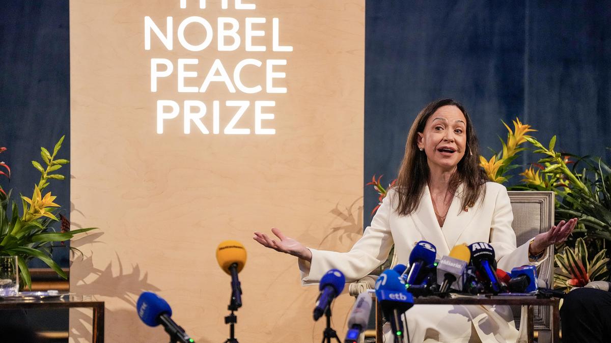 Nobel peace laureate Maria Corina Machado addresses a news conference at the Grand Hotel in Oslo, Norway, on Dec. 11, 2025. (Heiko Junge/NTB/AFP via Getty Images/TNS)
