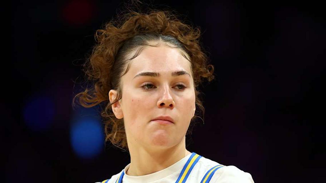  Apr 5, 2026; Phoenix, AZ, USA; UCLA Bruins guard Christina Karamouzi (3) against the South Carolina Gamecocks during the National Championship game of the women's 2026 NCAA Tournament at Mortgage Matchup Center. Mandatory Credit: Mark J. Rebilas-Imagn Images | Mark J. Rebilas-Imagn Images 