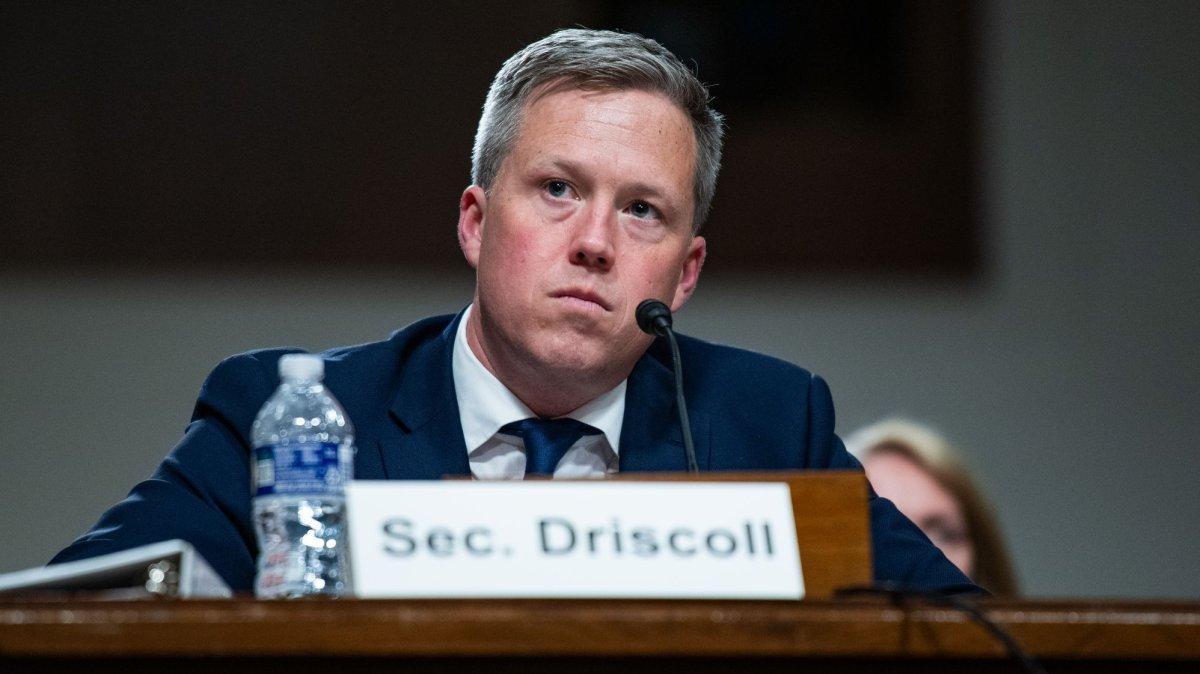 Secretary of the Army Dan Driscoll speaks during a Senate Armed Services Committee hearing on the Defense Authorization Request for fiscal year 2027 on Tuesday. On Friday, he faced the same committee to answer why troop deployment to Poland was canceled.