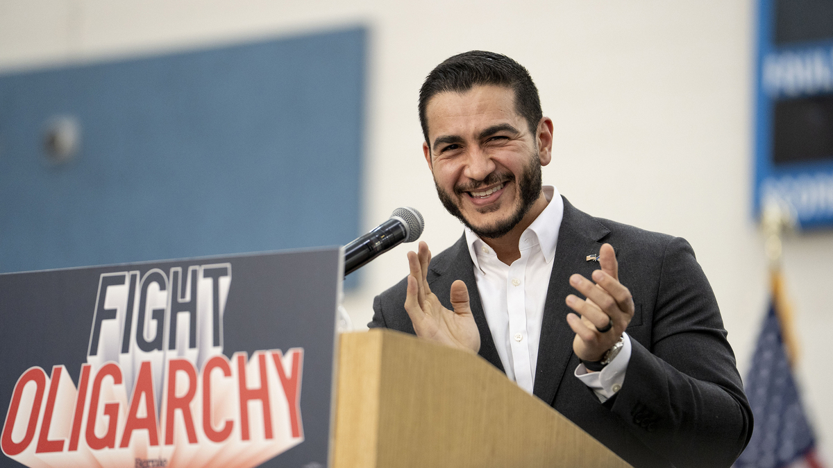 Abdul El-Sayed, candidate for US Senate in Michigan, speaks before U.S. Sen. Bernie Sanders (I-VT) takes the stage at Mumford High School on May 3, 2026, in Detroit. Sanders is visiting the midwest on his Fighting Oligarchy: Where We Go From Here tour. (Sarah Rice/Getty Images/TNS)