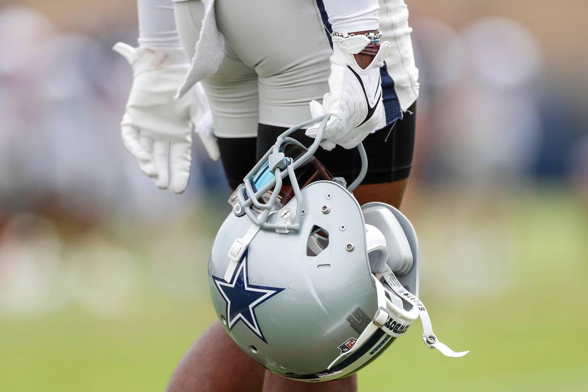  A Cowboys helmet at training camp. 