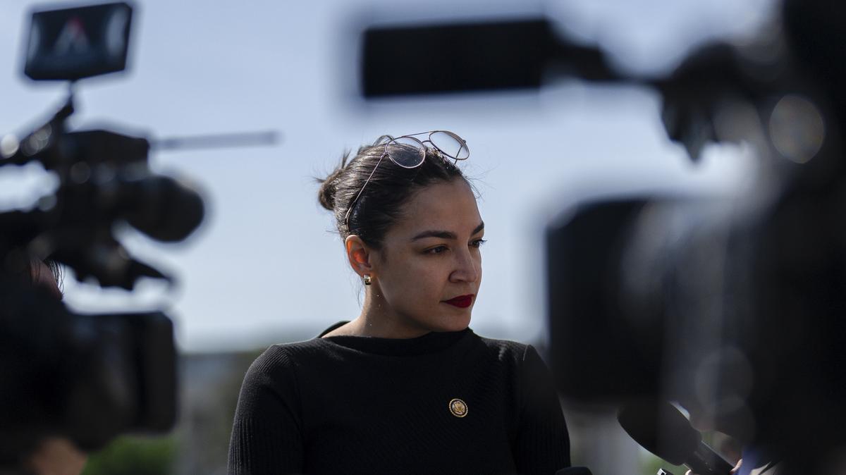 U.S. Rep. Alexandria Ocasio-Cortez (D-N.Y.) speaks to reporters on Capitol Hill in Washington on April 23. "If Republicans are going to redraw North Carolina, if they're going to redraw Texas, if they're going to redraw and gerrymander every one of their states, then unfortunately we have to provide balance to that until we get to the day when we can all finally agree to put this behind us," she said.