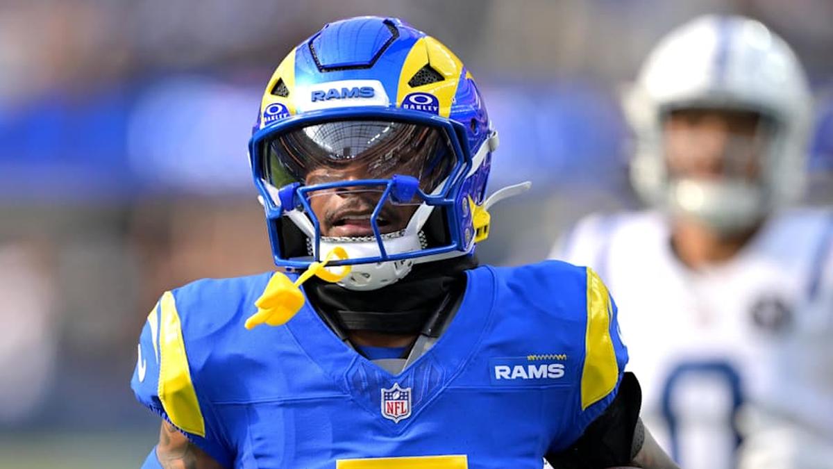  Sep 28, 2025; Inglewood, California, USA; Los Angeles Rams wide receiver Tutu Atwell (5) runs for a touchdown on an 88 yard pass play in the fourth quarter against the Indianapolis Colts at SoFi Stadium. Mandatory Credit: Jayne Kamin-Oncea-Imagn Images | Jayne Kamin-Oncea-Imagn Images 