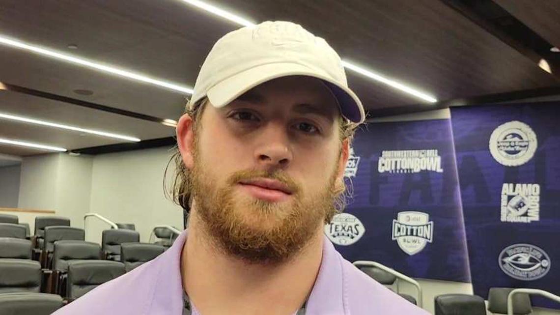  Kansas State's Carver Willis talks about his starting role at right tackle for the Wildcats on Oct. 24, 2023. | Arne Green/Topeka Capital-Journal / USA TODAY NETWORK 