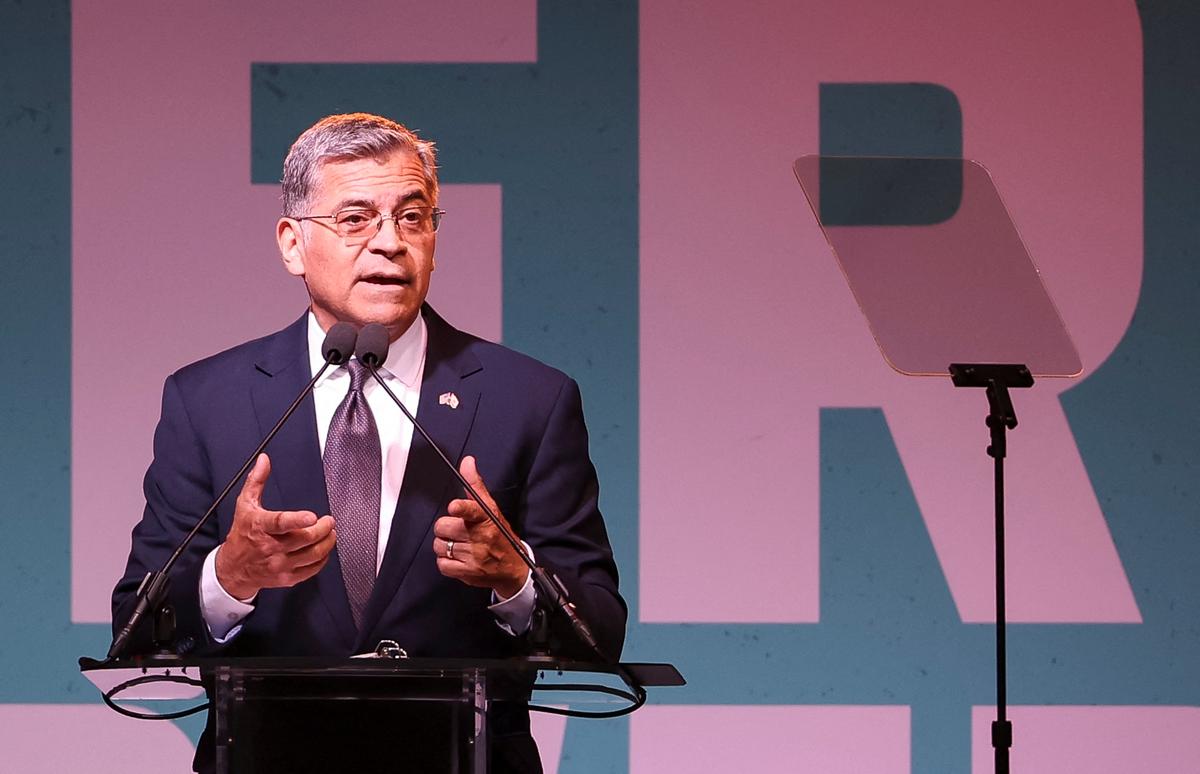 Democratic candidate Xavier Becerra speaks on election night for the 2026 California gubernatorial primary at his election night watch party, in Los Angeles, California, U.S. June 2, 2026.   REUTERS/Aude Guerrucci