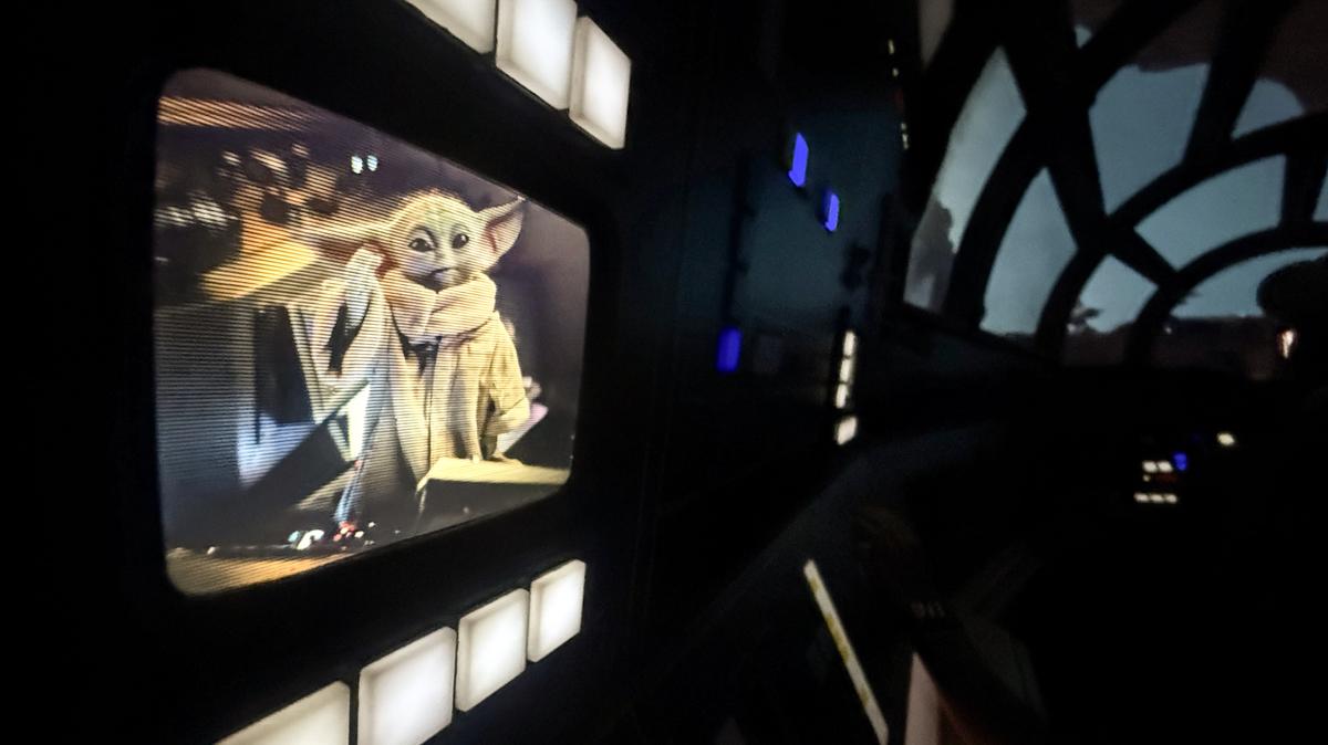 Grogu helps guide riders on screens inside Millennium Falcon: Smugglers Run in Star Wars: Galaxy’s Edge at Disneyland in Anaheim, CA, on Wednesday, May 20, 2026. The updated ride lets visitors pick from the three different destinations – Bespin (Cloud City), Endor (Wreckage of the second Death Star) or Coruscant (The city-planet) – and appearances by The Mandalorian and Grogu. (Photo by Jeff Gritchen, Orange County Register/SCNG)