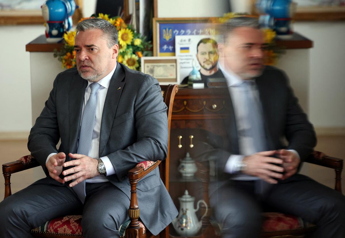 Ukraine's Ambassador to Japan Yurii Lutovinov speaks during an interview with Reuters at Ukraine Embassy in Tokyo, Japan April 28, 2026.  REUTERS/Issei Kato