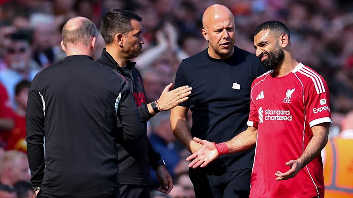  Mohamed Salah (right) limped off injured. | Robbie Jay Barratt/AMA/Getty Images 