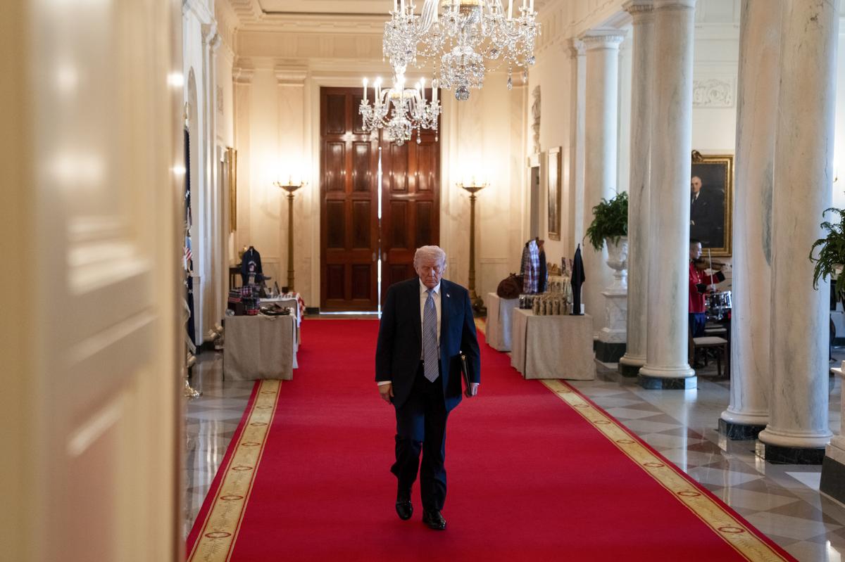 President Donald Trump arrives for an event for "Small Business Week" in the East Room of the White House in Washington, on Monday, May 4, 2026. (Allison Robbert/The New York Times)