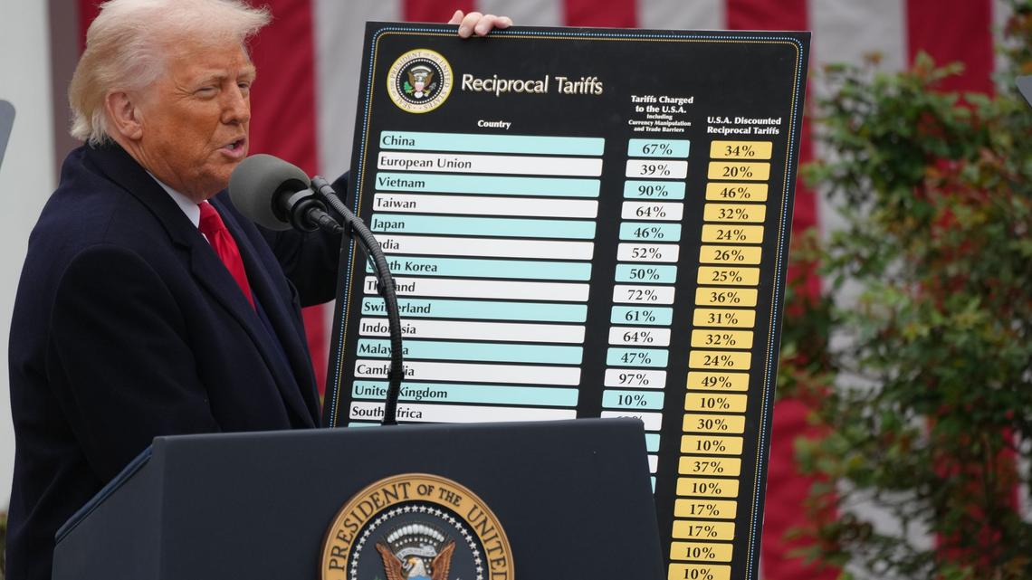 US President Donald Trump holds a tariffs poster as he signs two executive orders that will lead to reciprocal tariffs against other countries that charge tariffs on US goods, in the Rose Garden of the White House. (Andrew Leyden/ZUMA Press Wire/dpa/TNS)