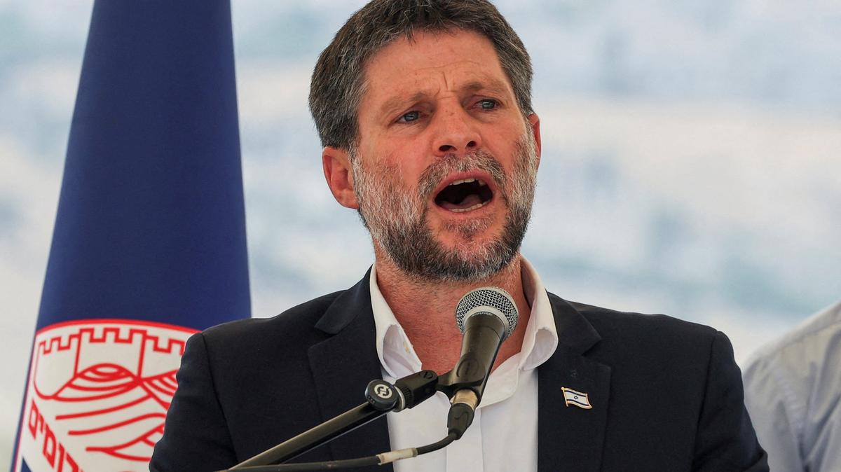 FILE PHOTO: Israeli Finance Minister Bezalel Smotrich speaks at a press conference in the Israeli-occupied West Bank, August 14, 2025. REUTERS/Ronen Zvulun/File Photo