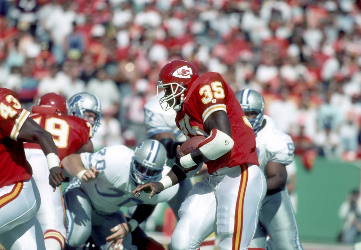  Kansas City Chiefs running back #35 Christian Okoye in action against the Detroit Lions at Arrowhead Stadium. USA TODAY Sports