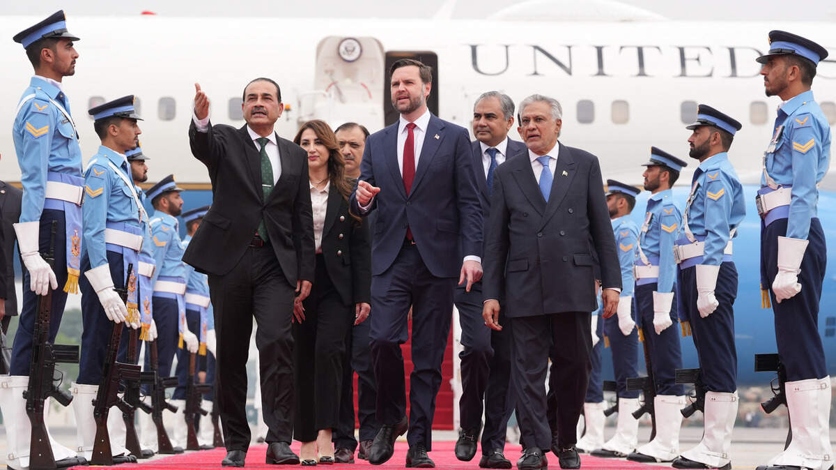 Vice President JD Vance, center, walks with Pakistan's Chief of Defence Forces and Chief of Army Staff Field Marshall Asim Munir, left, and Pakistani Deputy Prime Minister and Foreign Minister Mohammad Ishaq Dar after arriving for talks with Iranian officials in Islamabad on April 11.