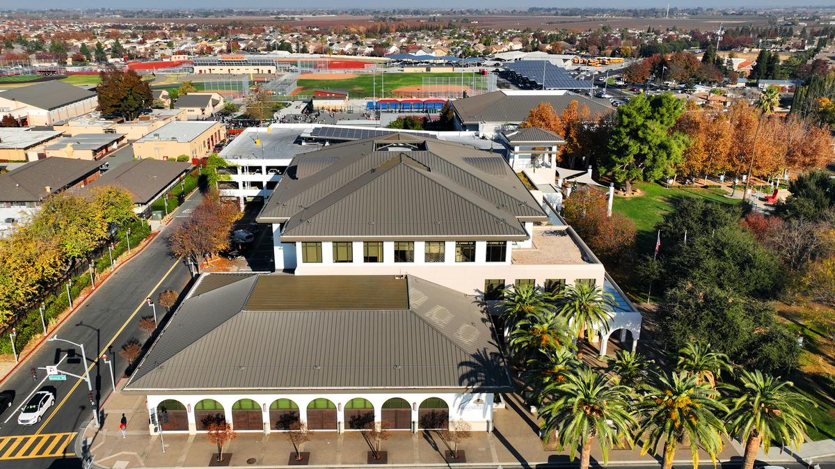 A drone view of Brentwood City Hall in downtown Brentwood, Calif., on Wednesday, Dec. 4, 2024. (Jane Tyska/Bay Area News Group/TNS)