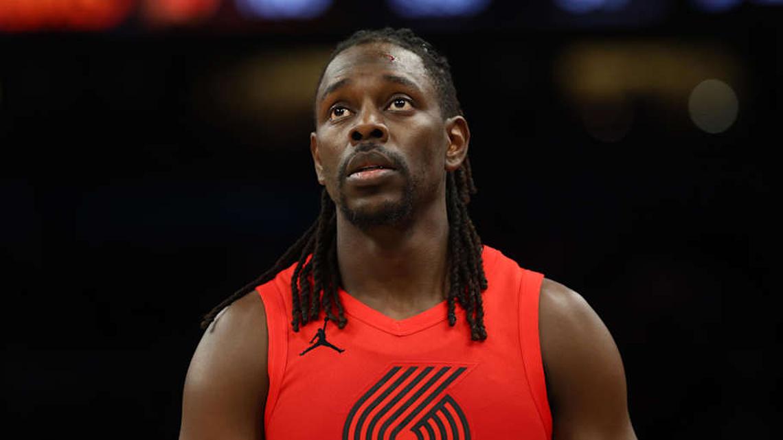  Apr 14, 2026; Phoenix, Arizona, USA; Portland Trail Blazers guard Jrue Holiday (5) against the Phoenix Suns during the play-in rounds of the 2026 NBA Playoffs at Mortgage Matchup Center. | Mark J. Rebilas-Imagn Images 