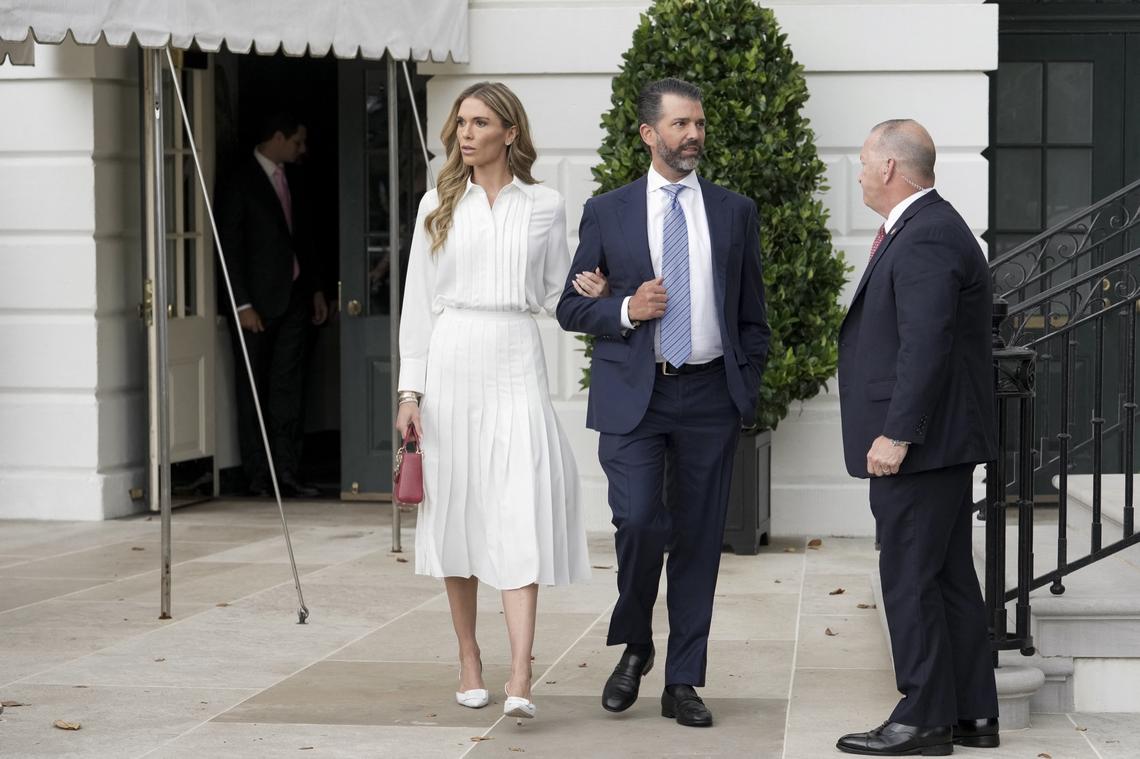 Donald Trump Jr., son of the president, and Bettina Anderson depart the White House to attend the Military Parade marking the 250th anniversary of the founding of the US Army, in Washington, DC, on June 14, 2025. 