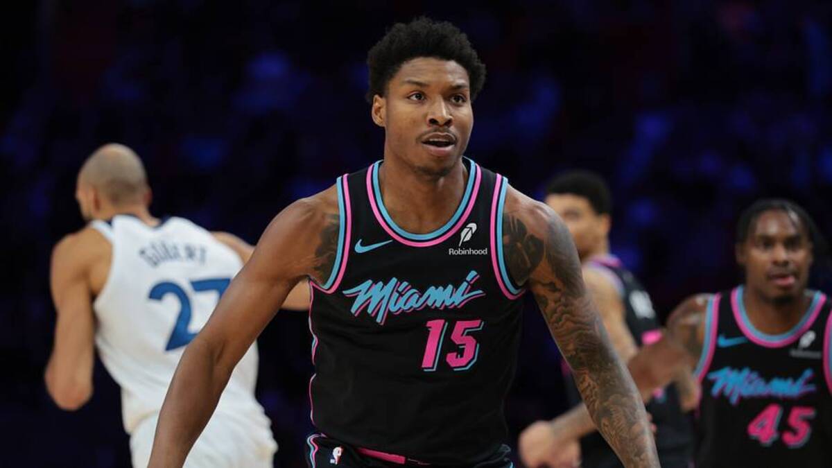  Jan 3, 2026; Miami, Florida, USA; Miami Heat forward Myron Gardner (15) defends against the Minnesota Timberwolves during the fourth quarter at Kaseya Center. Mandatory Credit: Sam Navarro-Imagn Images | IMAGN IMAGES via Reuters Connect 