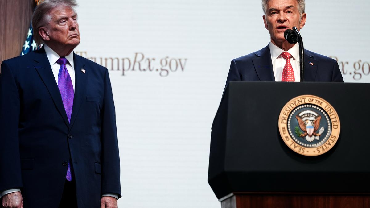 Trump Drug Prices. President Donald Trump watches as Centers for Medicare & Medicaid Services administrator Dr. Mehmet Oz speaks about prescription drug prices during an event in the South Court Auditorium of the Eisenhower Executive Office Building, Monday, May 18, 2026, on the White House campus in Washington. (AP Photo/Julia Demaree Nikhinson)