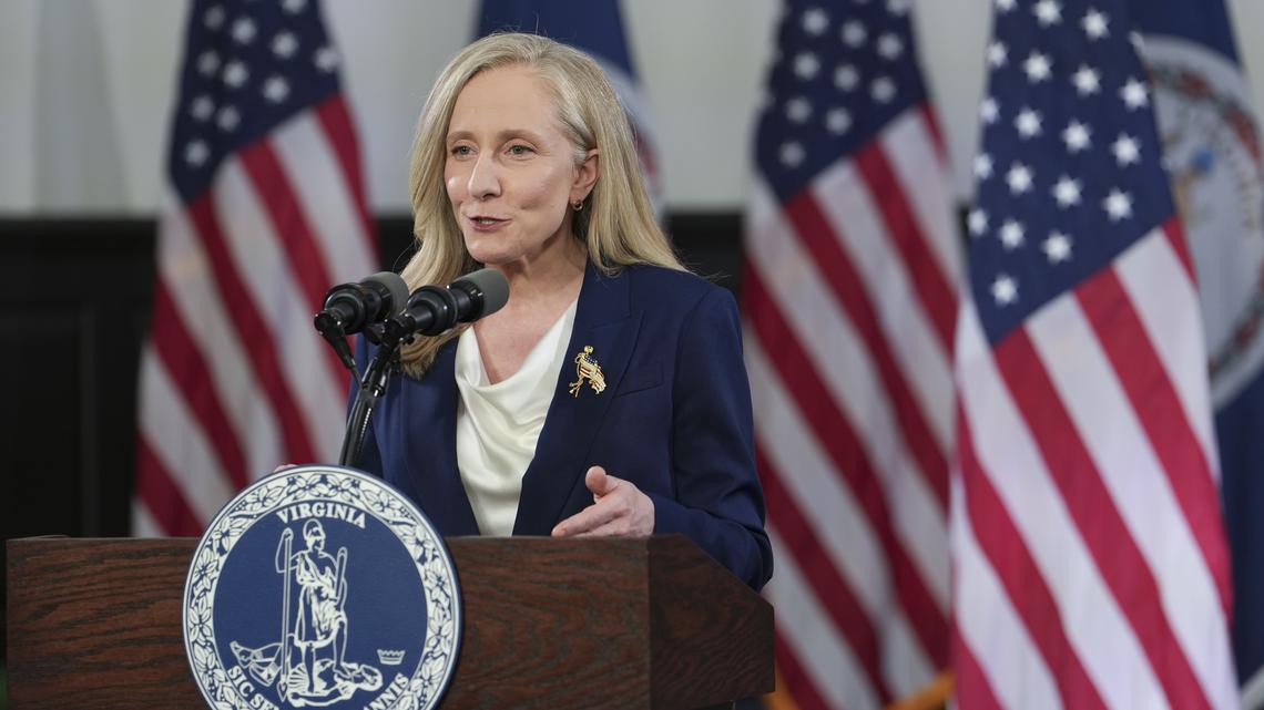 FILE -- Gov. Abigail Spanberger of Virginia speaks in Williamsburg, Va., Feb. 24, 2026. Spanberger on Monday, April 13, signed into law a bill to end tax exemptions for a slate of Confederacy-related organizations in the state. (Erin Schaff/The New York Times)
