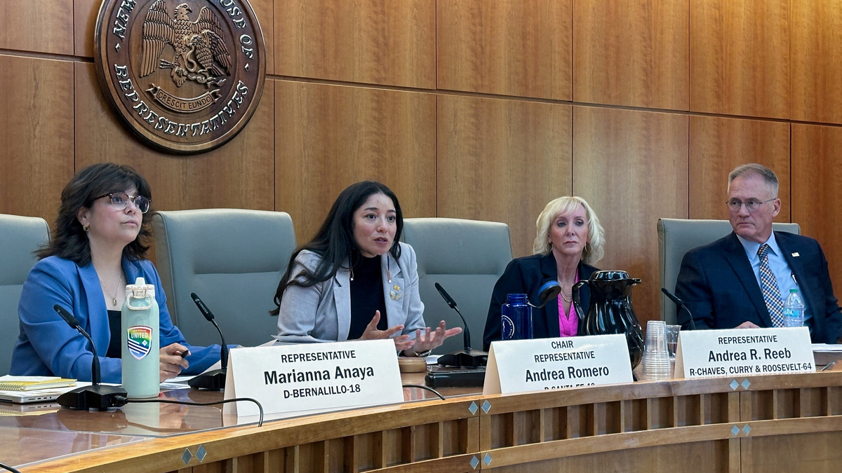 FILE PHOTO: New Mexico Representative Andrea Romero, chair of the Epstein Truth Commission, established by the New Mexico Legislature, answers a reporter's question,at the New Mexico legislature in Santa Fe, New Mexico, June 1, 2026 REUTERS/Andrew Hay/File Photo