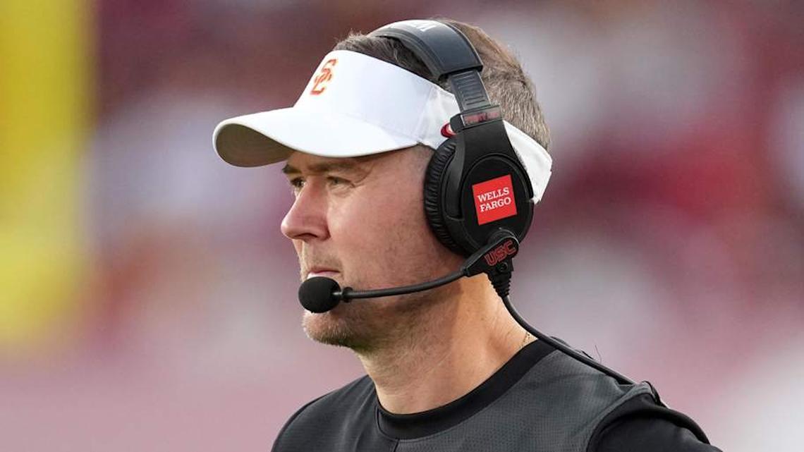  Aug 30, 2025; Los Angeles, California, USA; Southern California Trojans head coach Lincoln Riley watches from the sidelines against the Missouri State Bears in the first half at United Airlines Field at Los Angeles Memorial Coliseum. Mandatory Credit: Kirby Lee-Imagn Images | Kirby Lee-Imagn Images 