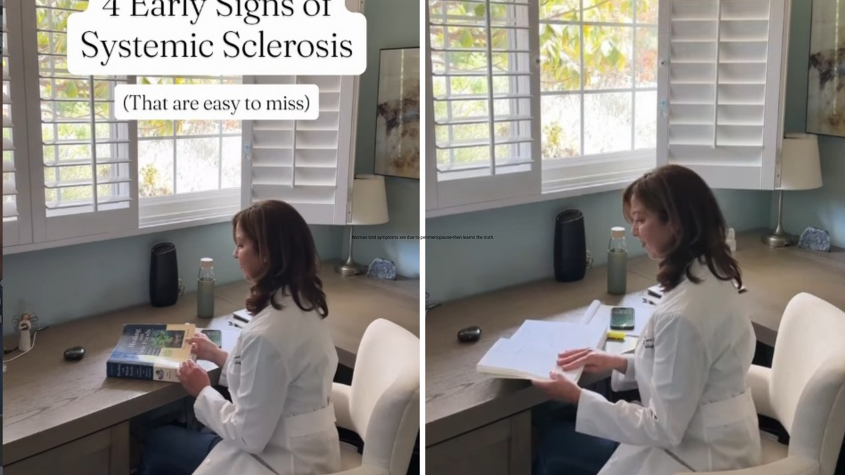 Two screenshots from Instagram showing Elizabeth Volkmann sitting at her desk and reading a book. 