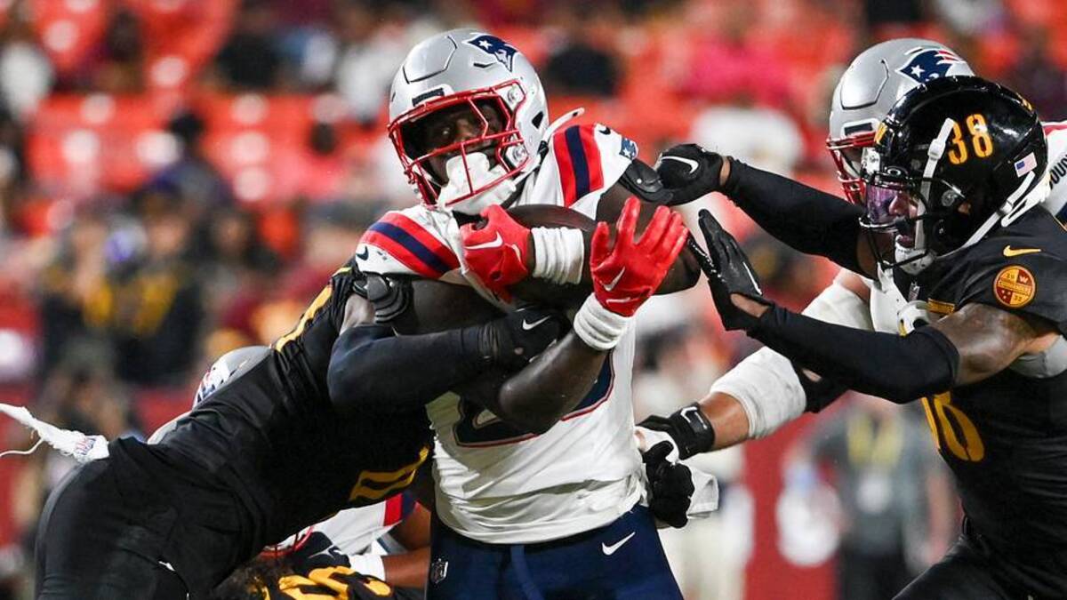  Aug 25, 2024; Landover, Maryland, USA; New England Patriots running back Terrell Jennings (29) runs through the line during the second half against the Washington Commanders at Commanders Field. Mandatory Credit: Tommy Gilligan-USA TODAY Sports | USA TODAY Sports via Reuters Connect 