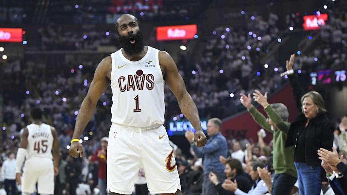  Apr 29, 2026; Cleveland, Ohio, USA; Cleveland Cavaliers guard James Harden (1) celebrates against the Toronto Raptors in the third quarter of game five of the first round of the 2026 NBA Playoffs at Rocket Arena. | David Richard-Imagn Images 
