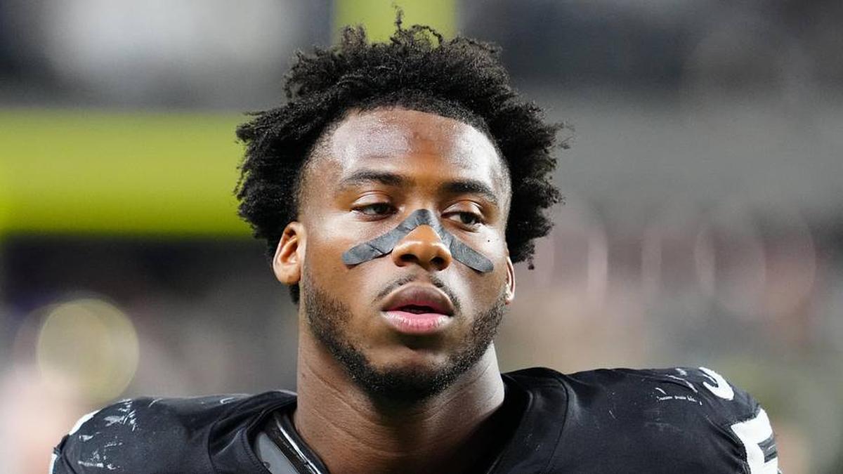  Nov 17, 2025; Paradise, Nevada, USA; Las Vegas Raiders defensive end Malcolm Koonce (51) reacts after the game against the Dallas Cowboys at Allegiant Stadium. Mandatory Credit: Stephen R. Sylvanie-Imagn Images | Stephen R. Sylvanie-Imagn Images 