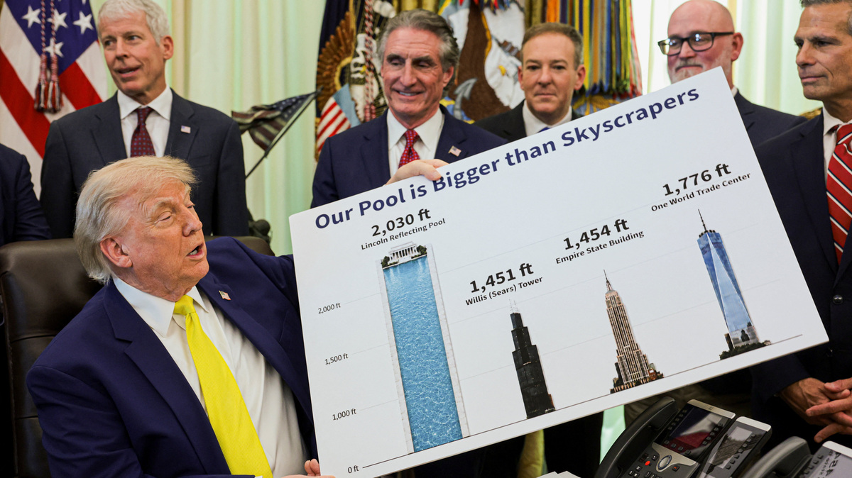 U.S. President Donald Trump shows a cardboard with illustration of the Lincoln Reflecting Pool in comparison with skyscrapers as he delivers remarks to reporters in the Oval Office at the White House in Washington, D.C., U.S., June 4, 2026. REUTERS/Jonathan Ernst