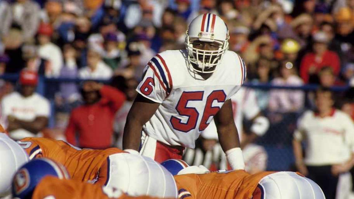  Jan 4, 1987; Denver, CO, USA; FILE PHOTO; New England Patriots linebacker Andre Tippett (56) lines up at the line of scrimmage against the Denver Broncos during the 1986 AFC Divisional Playoff game at Mile High Stadium. The Broncos defeated the Patriots 22-17. Mandatory Credit: Manny Rubio-Imagn Images | Manny Rubio-Imagn Images 